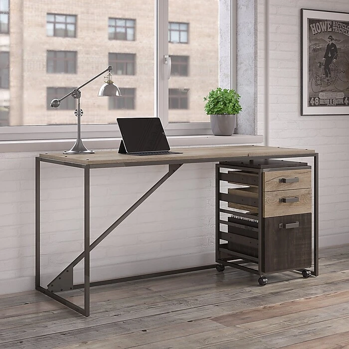 Bush Furniture Refinery 62W Rustic Gray Industrial Desk with 3-Drawer Mobile File Cabinet 2 Bush Furniture Refinery 62W Rustic Gray Industrial Desk with 3-Drawer Mobile File Cabinet - Image 2