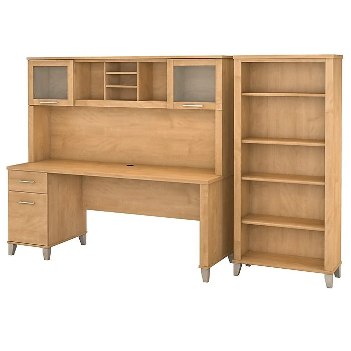 Bush Furniture Somerset 72W Office Desk with Hutch & 5-Shelf Bookcase in Maple Cross (SET020MC) - Durable Laminate Workspace 1 Bush Furniture Somerset 72W Office Desk with Hutch & 5-Shelf Bookcase in Maple Cross (SET020MC) - Durable Laminate Workspace