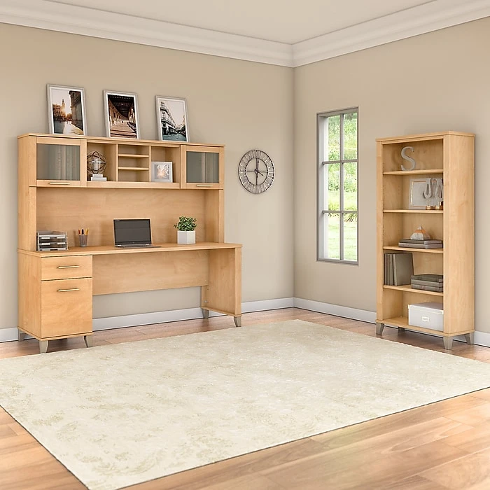 Bush Furniture Somerset 72W Office Desk with Hutch & 5-Shelf Bookcase in Maple Cross (SET020MC) - Durable Laminate Workspace 2 Bush Furniture Somerset 72W Office Desk with Hutch & 5-Shelf Bookcase in Maple Cross (SET020MC) - Durable Laminate Workspace - Image 2