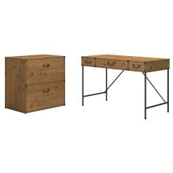 Kathy Ireland® Home Ironworks 48W Writing Desk & Lateral File Cabinet, Vintage Golden Pine - Space-Saving Laminate Office Furniture