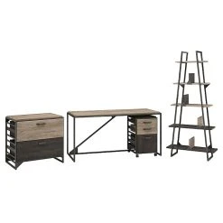 Bush Furniture Refinery 62W Industrial Desk with A-Frame Bookshelf & File Cabinets, Rustic Gray (RFY007RG) - Durable Laminate Office Furniture