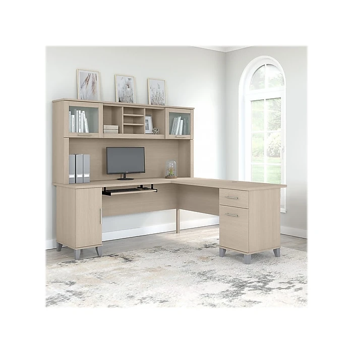 Bush Furniture Somerset 72" L-Shaped Desk With Hutch, Sand Oak - Premium Laminate Office Furniture 2 Bush Furniture Somerset 72" L-Shaped Desk With Hutch, Sand Oak - Premium Laminate Office Furniture - Image 2