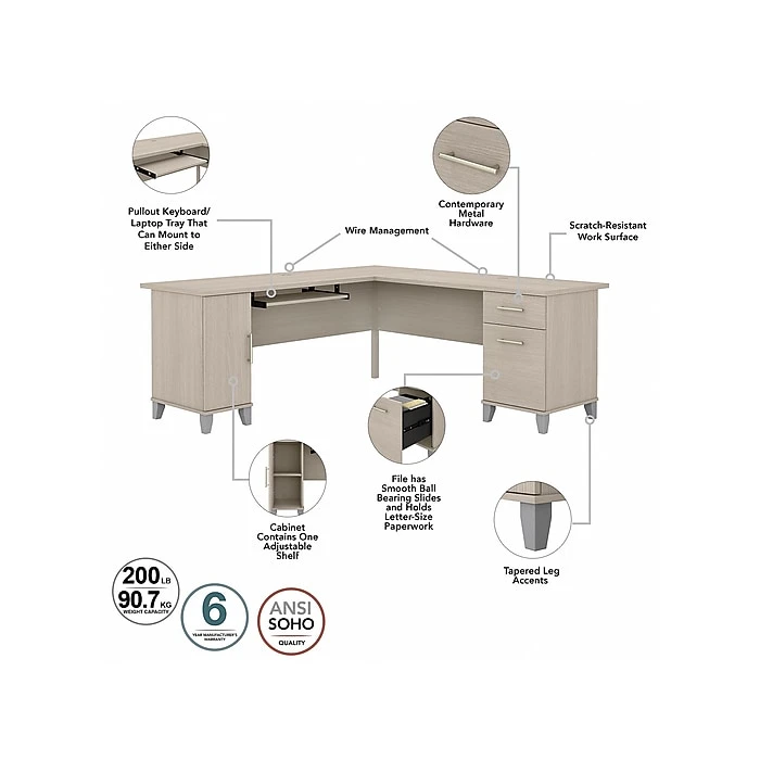 Bush Furniture Somerset 72" L-Shaped Desk With Hutch, Sand Oak - Premium Laminate Office Furniture 3 Bush Furniture Somerset 72" L-Shaped Desk With Hutch, Sand Oak - Premium Laminate Office Furniture - Image 3