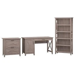 Bush Furniture Key West 54"W Single Pedestal Desk with Lateral File & 5 Shelf Bookcase, Washed Gray - Durable Laminate Office Furniture