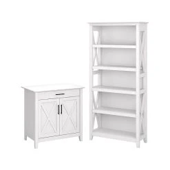 Bush Furniture Key West 30" Secretary Desk with Storage & 5-Shelf Bookcase, Pure White Oak – Compact Laminate Office Furniture