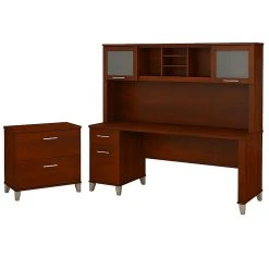 Bush Furniture Somerset 72W Office Desk Set with Hutch & Lateral File Cabinet, Hansen Cherry | Stylish & Functional Laminate Desk