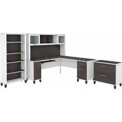 Bush Furniture Somerset 72" L-Shaped Desk with Hutch, Lateral File Cabinet & Bookcase - Storm Gray/White (SET012SGWH)