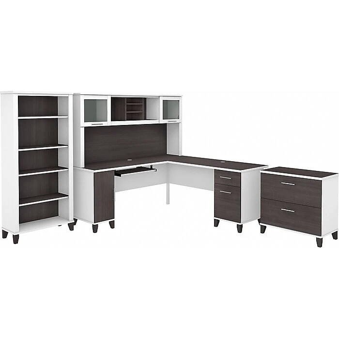 Bush Furniture Somerset 72" L-Shaped Desk with Hutch, Lateral File Cabinet & Bookcase - Storm Gray/White (SET012SGWH) 1 Bush Furniture Somerset 72" L-Shaped Desk with Hutch, Lateral File Cabinet & Bookcase - Storm Gray/White (SET012SGWH)