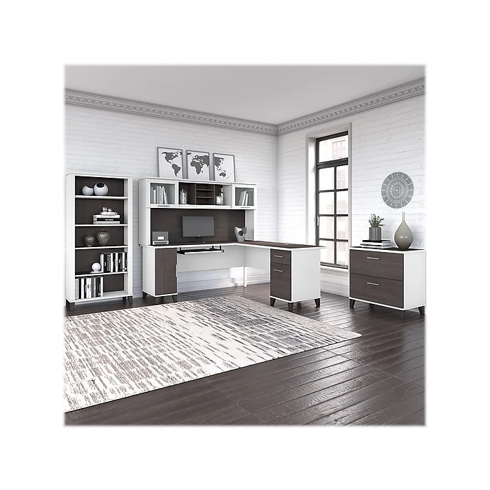Bush Furniture Somerset 72" L-Shaped Desk with Hutch, Lateral File Cabinet & Bookcase - Storm Gray/White (SET012SGWH) 2 Bush Furniture Somerset 72" L-Shaped Desk with Hutch, Lateral File Cabinet & Bookcase - Storm Gray/White (SET012SGWH) - Image 2