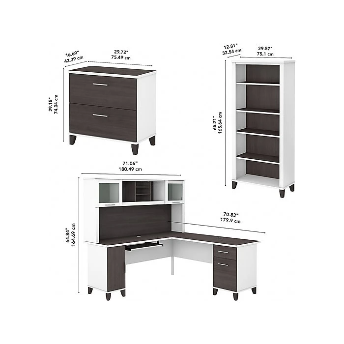 Bush Furniture Somerset 72" L-Shaped Desk with Hutch, Lateral File Cabinet & Bookcase - Storm Gray/White (SET012SGWH) 5 Bush Furniture Somerset 72" L-Shaped Desk with Hutch, Lateral File Cabinet & Bookcase - Storm Gray/White (SET012SGWH) - Image 5
