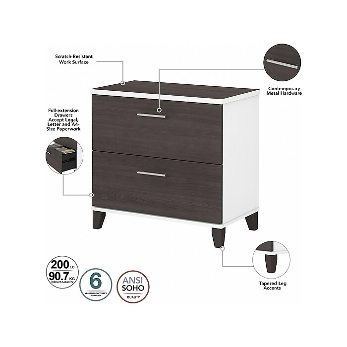 Bush Furniture Somerset 72" L-Shaped Desk with Hutch, Lateral File Cabinet & Bookcase - Storm Gray/White (SET012SGWH) 6 Bush Furniture Somerset 72" L-Shaped Desk with Hutch, Lateral File Cabinet & Bookcase - Storm Gray/White (SET012SGWH) - Image 6