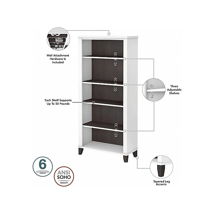 Bush Furniture Somerset 72" L-Shaped Desk with Hutch, Lateral File Cabinet & Bookcase - Storm Gray/White (SET012SGWH) 7 Bush Furniture Somerset 72" L-Shaped Desk with Hutch, Lateral File Cabinet & Bookcase - Storm Gray/White (SET012SGWH) - Image 7