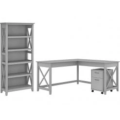 Bush Furniture Key West 60" L-Shaped Desk with 2 Drawer Mobile File Cabinet & 5 Shelf Bookcase, Cape Cod Gray – Durable Laminate Workspace Solution