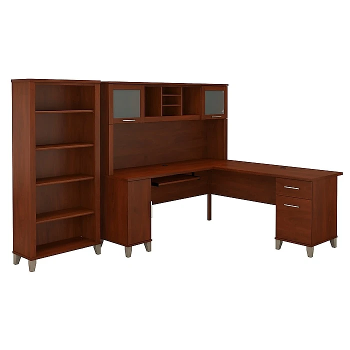 Bush Furniture Somerset 72W L-Shaped Desk with Hutch & 5-Shelf Bookcase - Hansen Cherry (SET011HC) 1 Bush Furniture Somerset 72W L-Shaped Desk with Hutch & 5-Shelf Bookcase - Hansen Cherry (SET011HC)