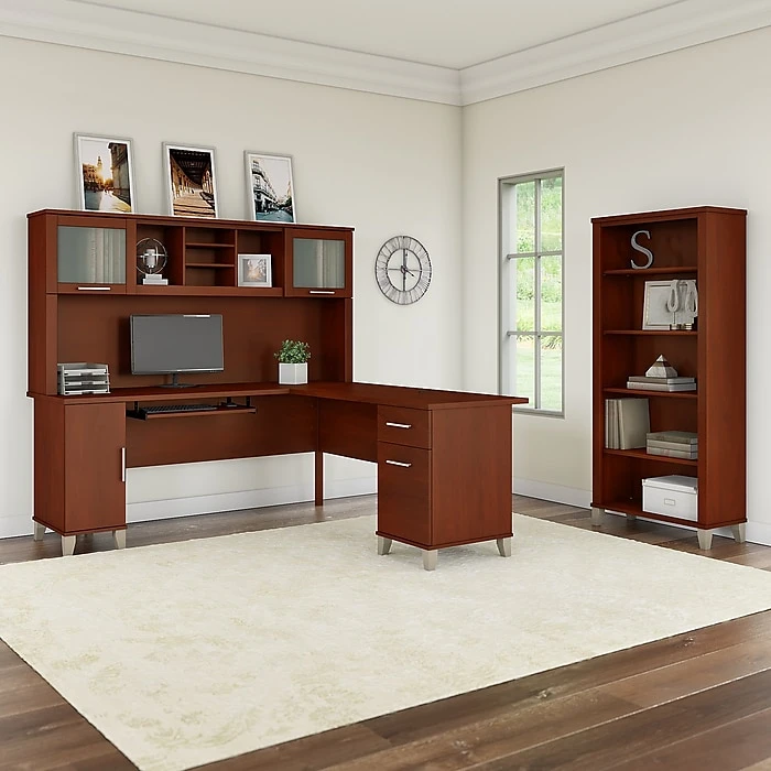 Bush Furniture Somerset 72W L-Shaped Desk with Hutch & 5-Shelf Bookcase - Hansen Cherry (SET011HC) 2 Bush Furniture Somerset 72W L-Shaped Desk with Hutch & 5-Shelf Bookcase - Hansen Cherry (SET011HC) - Image 2