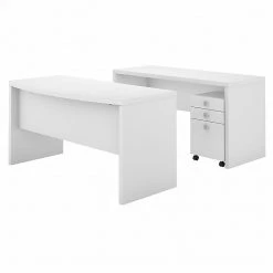 Office By Kathy Ireland® Echo Bow Front Desk And Credenza With Mobile File Cabinet, Pure White - Stylish & Functional Office Furniture