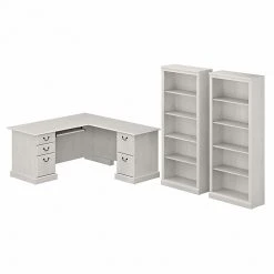Bush Furniture Saratoga 66" L-Shaped Desk & Bookcase Set - Linen White Oak | Space-Saving Home Office Solution