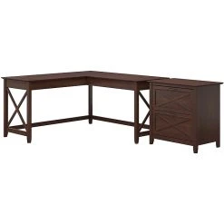 Bush Furniture Key West 60"W L-Shaped Desk Bundle in Bing Cherry - Stylish Laminate Office Desk
