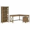 Bush Furniture Key West 60" L-Shaped Desk with 2 Drawer Mobile File Cabinet & 5 Shelf Bookcase, Reclaimed Pine – Space-Saving Office Furniture