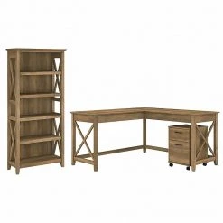 Bush Furniture Key West 60" L-Shaped Desk with 2 Drawer Mobile File Cabinet & 5 Shelf Bookcase, Reclaimed Pine – Space-Saving Office Furniture