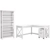 Bush Furniture Key West 60W L-Shaped Desk with 2-Drawer Mobile File Cabinet & 5-Shelf Bookcase in Pure White Oak