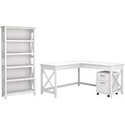 Bush Furniture Key West 60W L-Shaped Desk with 2-Drawer Mobile File Cabinet & 5-Shelf Bookcase in Pure White Oak