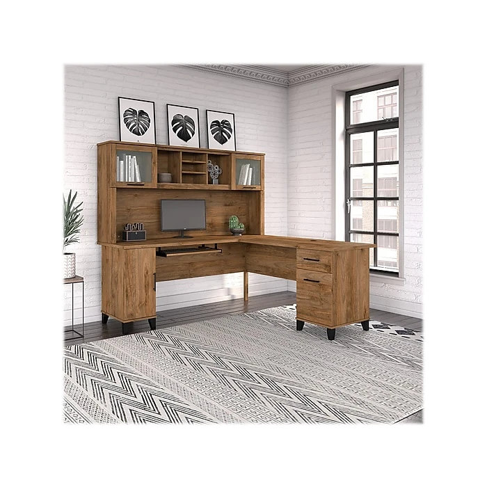 Bush Furniture Somerset 72" L-Shaped Desk With Hutch in Fresh Walnut (SET001FW) - Stylish & Functional Laminate Office Furniture 2 Bush Furniture Somerset 72" L-Shaped Desk With Hutch in Fresh Walnut (SET001FW) - Stylish & Functional Laminate Office Furniture - Image 2