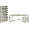 Bush Furniture Key West 60" L-Shaped Desk with 2-Drawer Mobile File Cabinet & 5-Shelf Bookcase - Linen White Oak (KWS016LW)