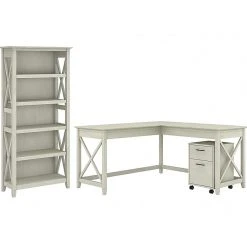 Bush Furniture Key West 60" L-Shaped Desk with 2-Drawer Mobile File Cabinet & 5-Shelf Bookcase - Linen White Oak (KWS016LW)