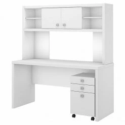 Office By Kathy Ireland® Echo Credenza Desk With Hutch And Mobile File Cabinet, Pure White/Pure White (ECH006PW) | Laminate Office Furniture