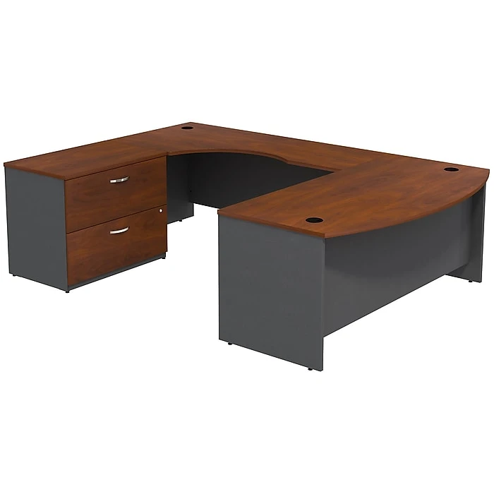 Bush Business Furniture Westfield Bow Front L-Shaped Desk with Lateral File Cabinet - Hansen Cherry (SRC019HCLSU) 1 Bush Business Furniture Westfield Bow Front L-Shaped Desk with Lateral File Cabinet - Hansen Cherry (SRC019HCLSU)