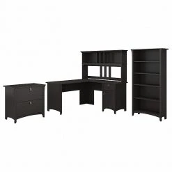 Bush Furniture Salinas 60W L Shaped Desk with Hutch, Lateral File Cabinet & 5-Shelf Bookcase - Vintage Black | Laminate Office Furniture