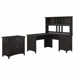 Bush Furniture Salinas 60W L-Shaped Desk with Hutch & Lateral File Cabinet in Vintage Black - SAL005VB