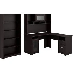 Bush Furniture Cabot 60"W L-Shaped Computer Desk with Hutch and 5-Shelf Bookcase, Espresso Oak