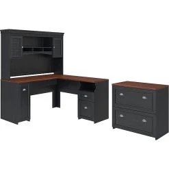 Bush Furniture Fairview 60"W L-Shaped Desk with Hutch & File Cabinet, Antique Black/Hansen Cherry - Stylish Laminate Office Furniture