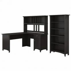 Bush Furniture Salinas 60W L-Shaped Desk with Hutch & 5-Shelf Bookcase in Vintage Black | Compact Office Solution