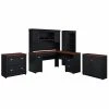 Bush Furniture Fairview 60W L-Shaped Desk with Hutch, Storage Cabinets & 5-Shelf Bookcase in Antique Black