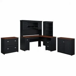 Bush Furniture Fairview 60W L-Shaped Desk with Hutch, Storage Cabinets & 5-Shelf Bookcase in Antique Black