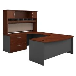 Bush Business Furniture Westfield 72W Left-Handed Bow Front U-Shaped Desk with Hutch & Storage | Hansen Cherry Laminate