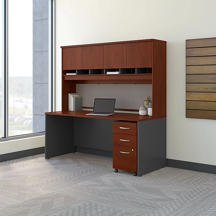 Bush Business Furniture Westfield 72W X 30D Office Desk with Hutch and Mobile File Cabinet - Hansen Cherry (SRC080HCSU) 2 Bush Business Furniture Westfield 72W X 30D Office Desk with Hutch and Mobile File Cabinet - Hansen Cherry (SRC080HCSU) - Image 2