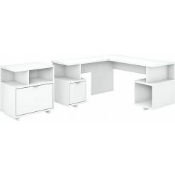 Kathy Ireland® Home Madison Avenue 60" L-Shaped Desk with Lateral File Cabinet, Pure White - Stylish & Functional Office Furniture