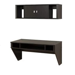 Prepac Designer Floating Desk & Hutch Set in Washed Black - Stylish & Functional Workspace