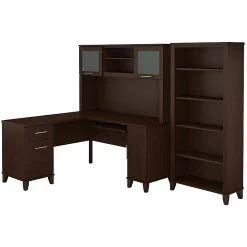 Bush Furniture Somerset 60W L-Shaped Desk with Hutch & 5-Shelf Bookcase in Mocha Cherry | Space-Saving Office Furniture