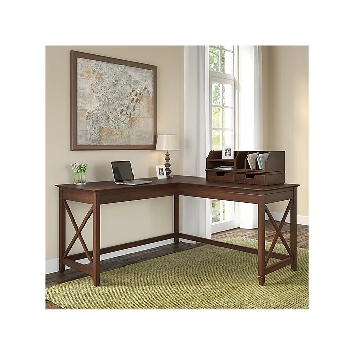 Bush Furniture Key West 60"W L-Shaped Desk with Desktop Organizer - Bing Cherry Laminate Finish 2 Bush Furniture Key West 60"W L-Shaped Desk with Desktop Organizer - Bing Cherry Laminate Finish - Image 2
