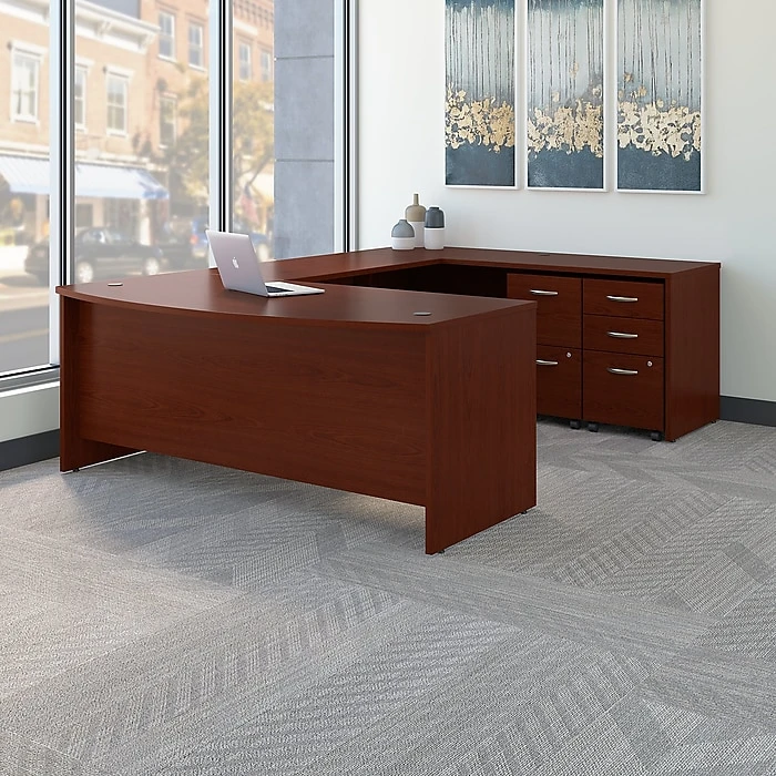 Bush Business Furniture Westfield 72W x 36D Bow Front U-Shaped Desk with Mobile File Cabinets in Mahogany | Laminate Office Desk 2 Bush Business Furniture Westfield 72W x 36D Bow Front U-Shaped Desk with Mobile File Cabinets in Mahogany | Laminate Office Desk - Image 2