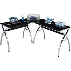 Techni Mobili Black L-Shaped Tempered Glass Computer Desk | Modern Office Furniture