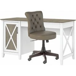 Bush Furniture Key West 54" Computer Desk with Storage & Mid-Back Tufted Office Chair, Shiplap Gray/Pure White | Modern Home Office Solution