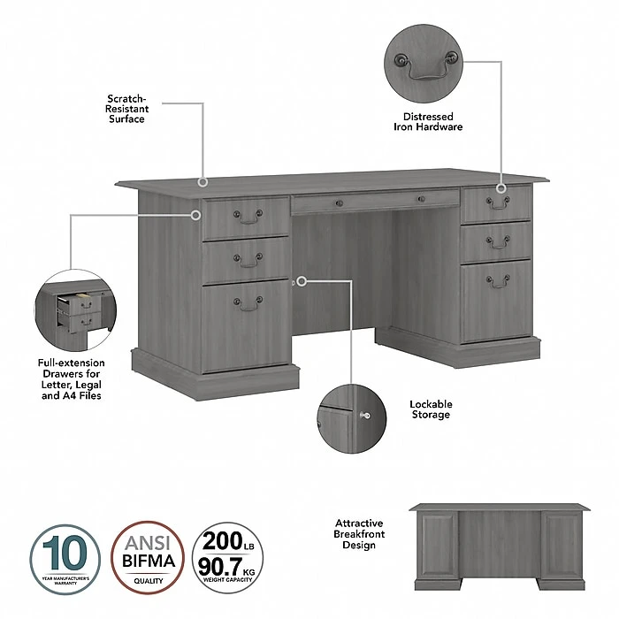 Bush Furniture Saratoga 66" Executive Desk with Drawers - Modern Gray Laminated Wood Office Desk (EX45866-03K) 3 Bush Furniture Saratoga 66" Executive Desk with Drawers - Modern Gray Laminated Wood Office Desk (EX45866-03K) - Image 3