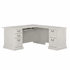 Bush Furniture Saratoga 66" L-Shaped Computer Desk With Drawers, Linen White Oak - Stylish & Functional Office Furniture