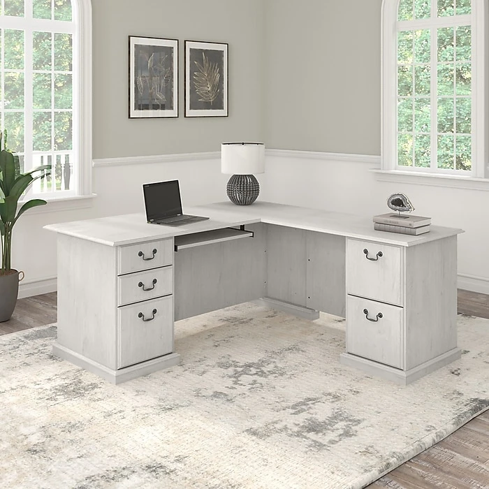 Bush Furniture Saratoga 66" L-Shaped Computer Desk With Drawers, Linen White Oak - Stylish & Functional Office Furniture 2 Bush Furniture Saratoga 66" L-Shaped Computer Desk With Drawers, Linen White Oak - Stylish & Functional Office Furniture - Image 2